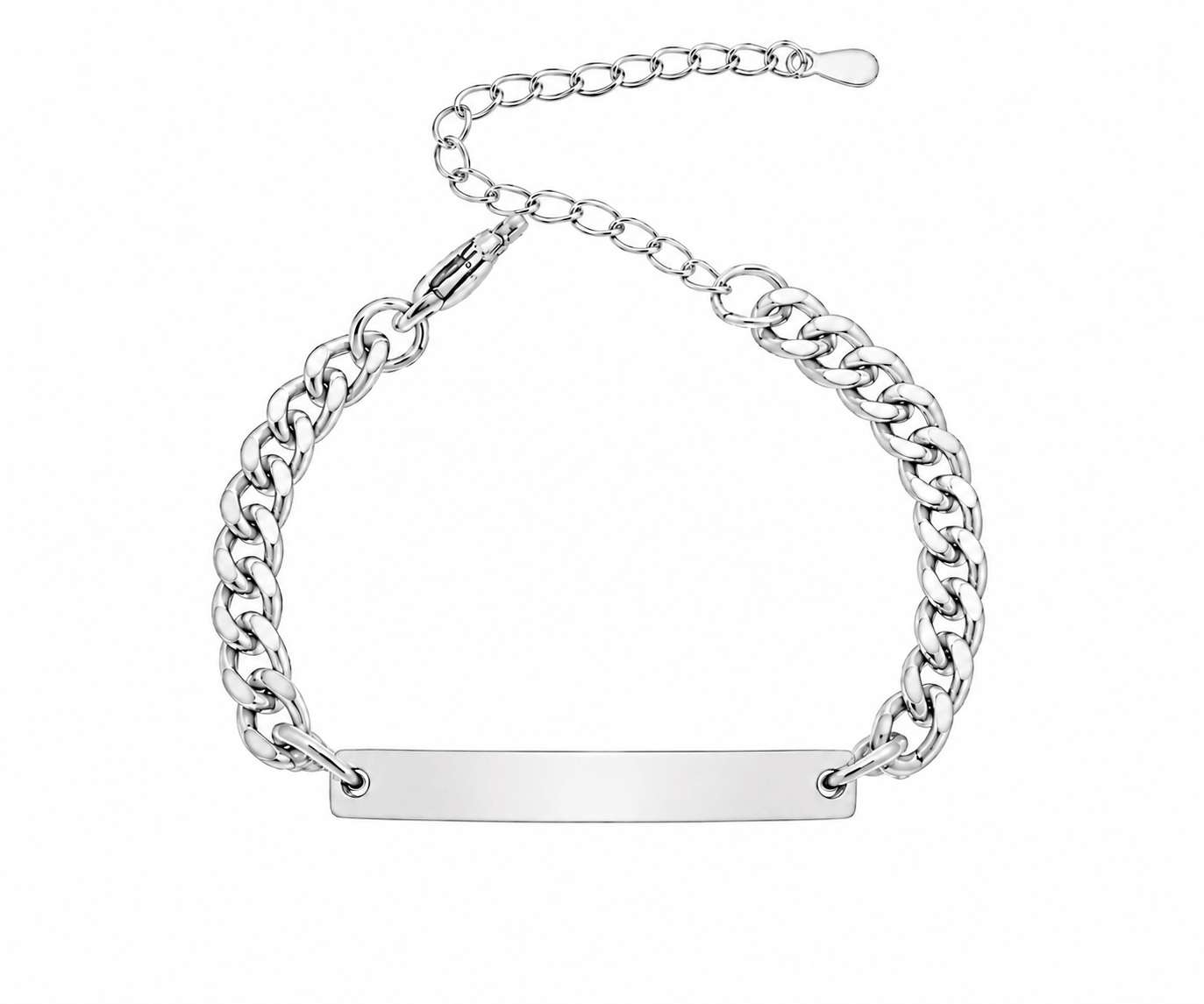 Silver chain bracelet with a flat tag on a white background