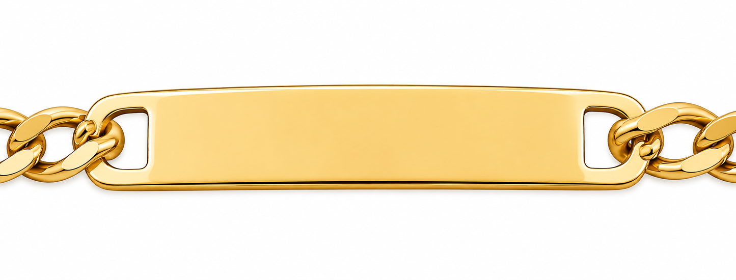 Gold chain bracelet with a rectangular tag on a white background