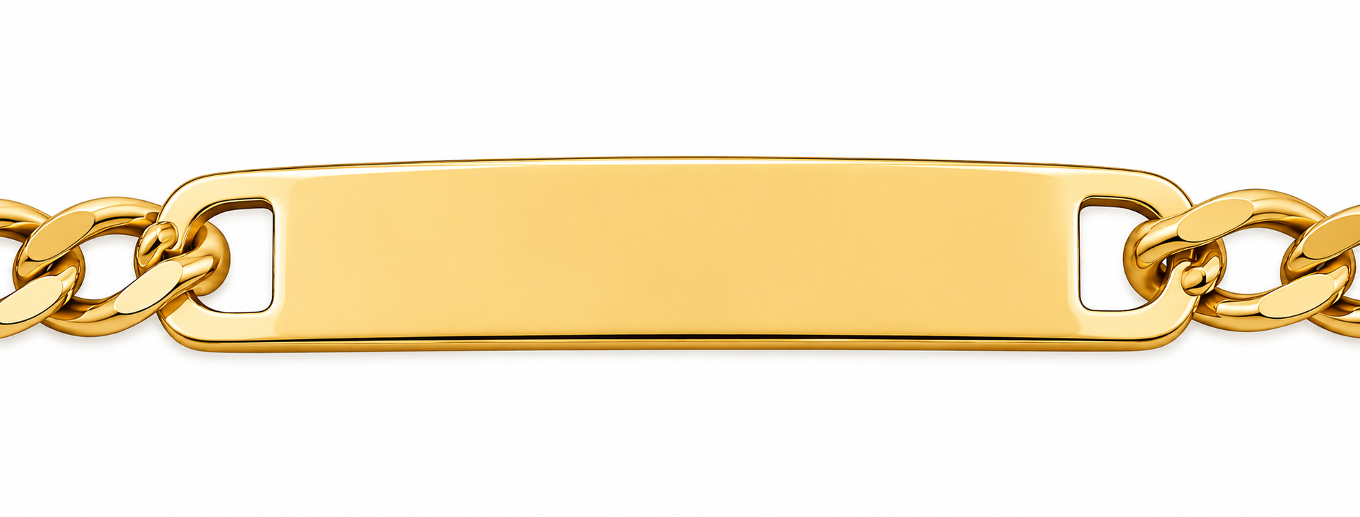 Gold chain bracelet with a rectangular tag on a white background