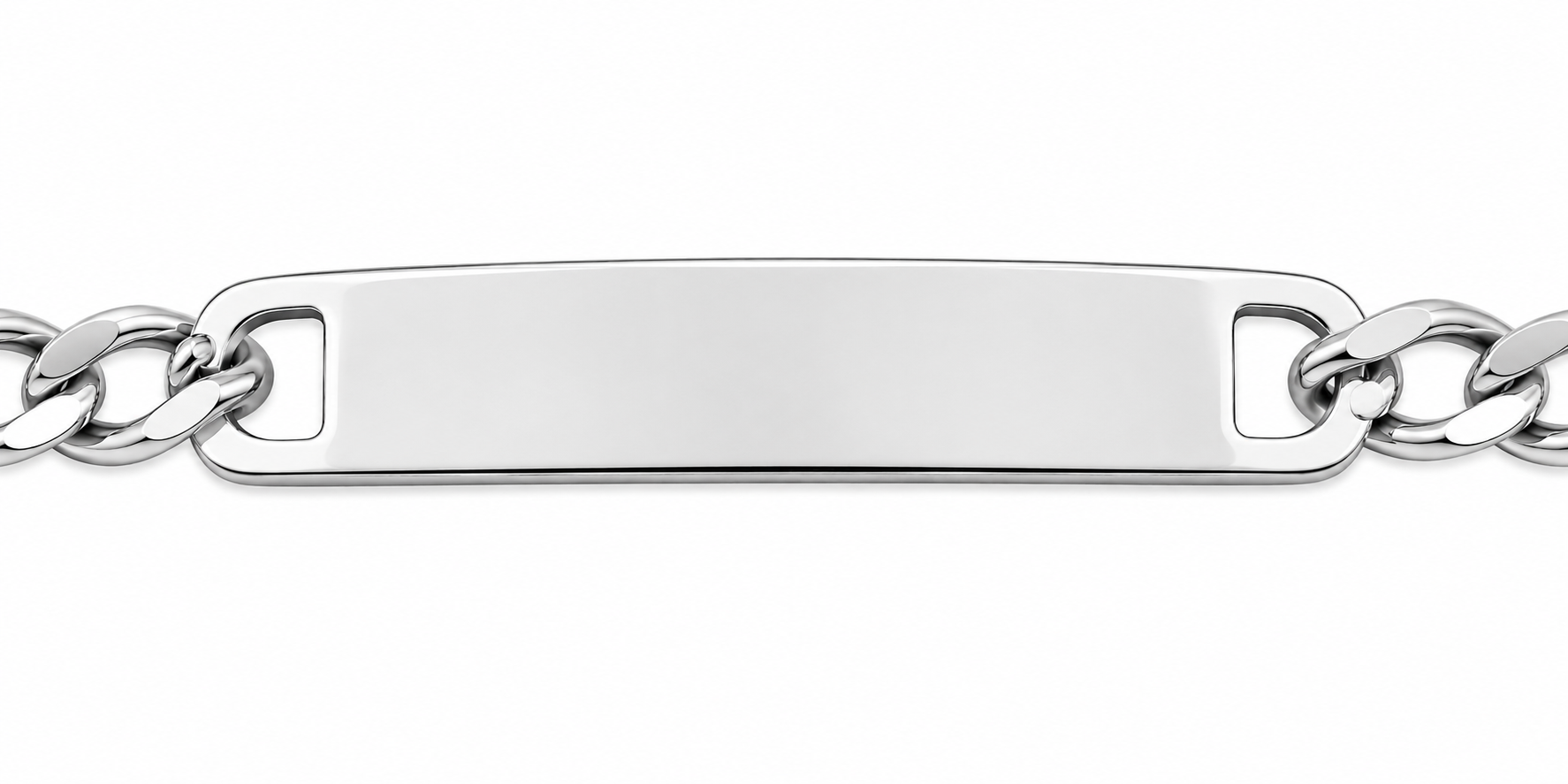 Silver chain bracelet with a flat, engraved plate on a white background