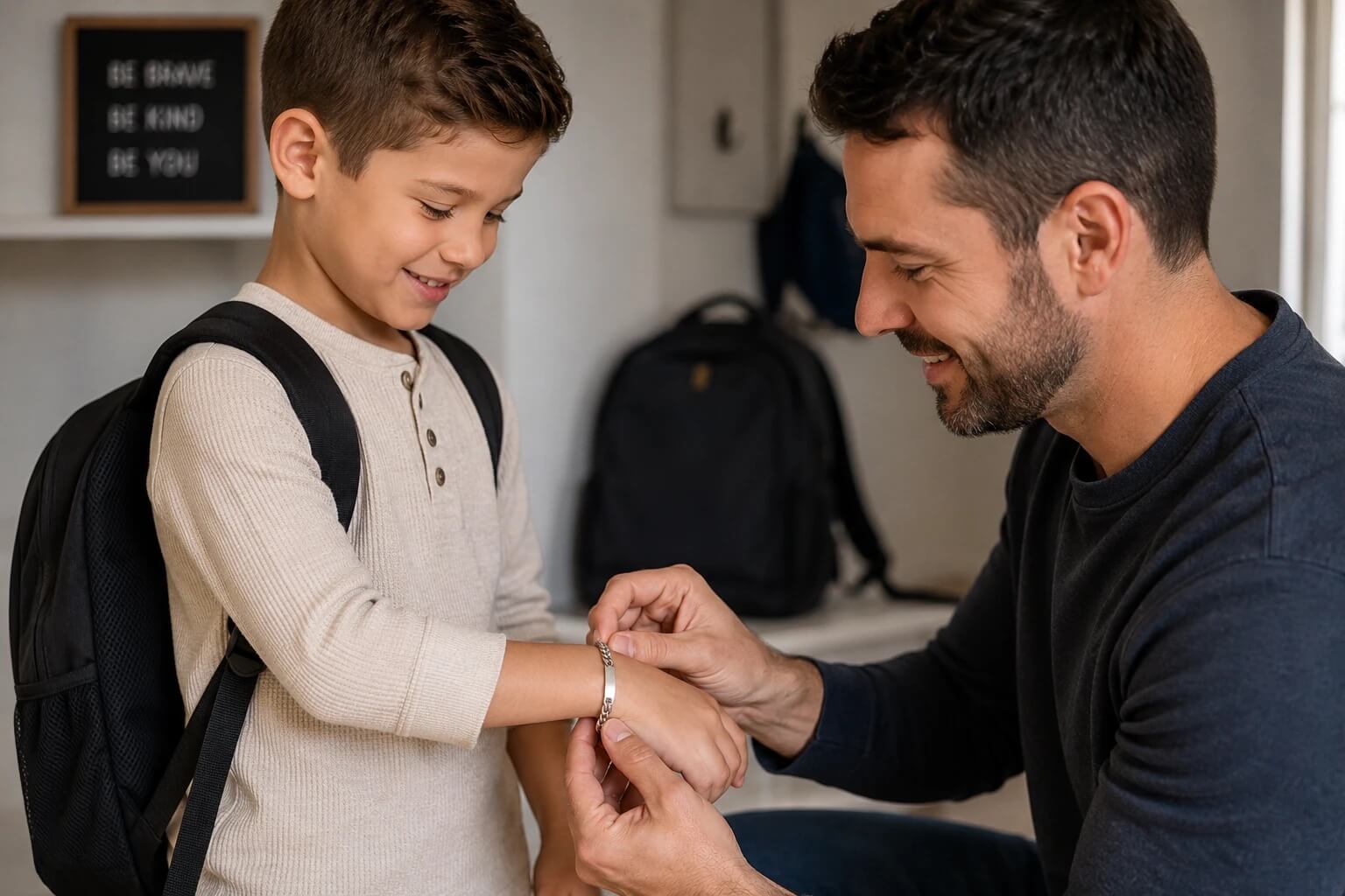 Man and child interacting with a small object, possibly a ring, in an indoor setting.