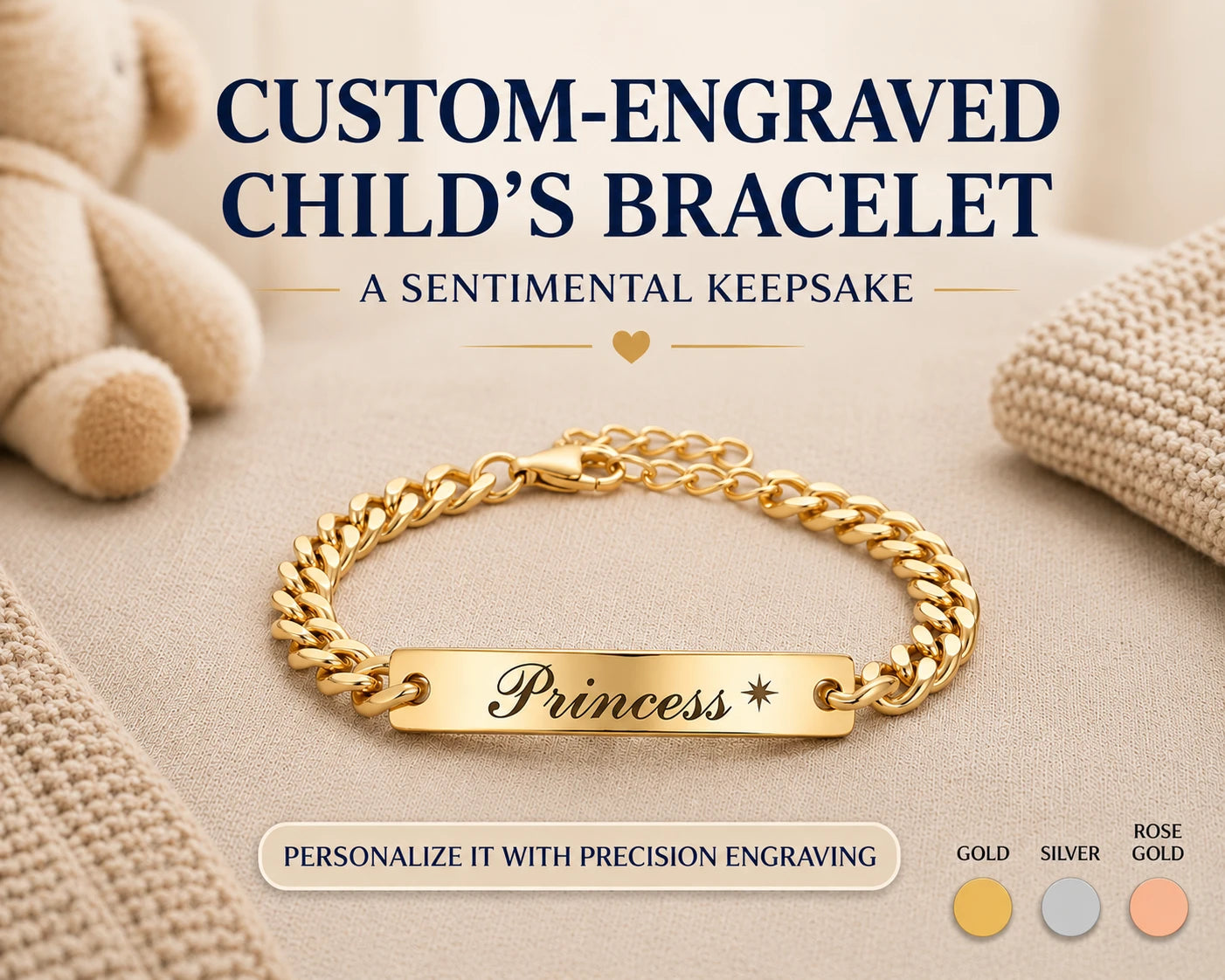 Gold bracelet engraved with 'Princess' on a beige background with teddy bear and knitted items.