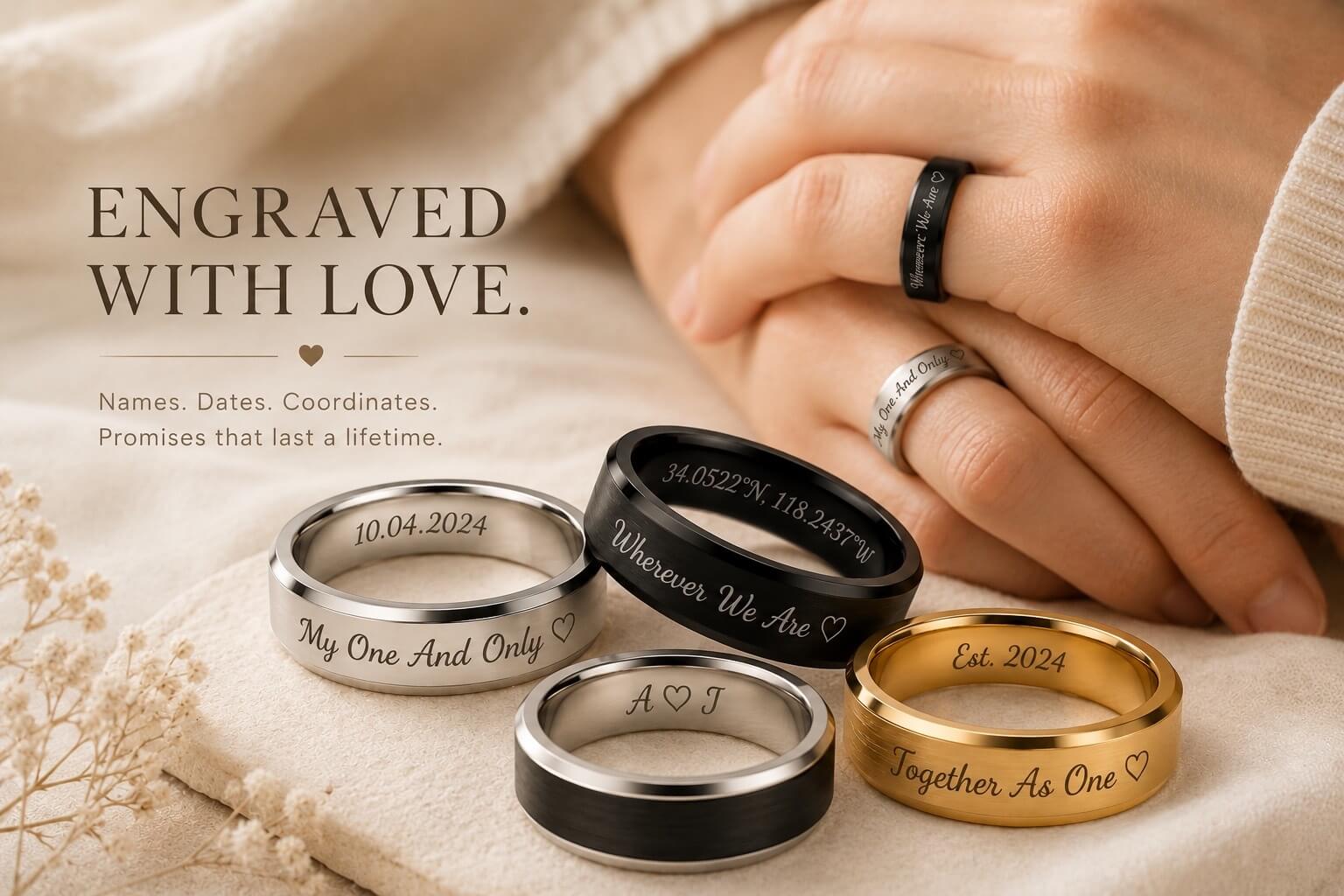 Four engraved rings on a stone surface with a hand holding one of them, against a soft beige background.
