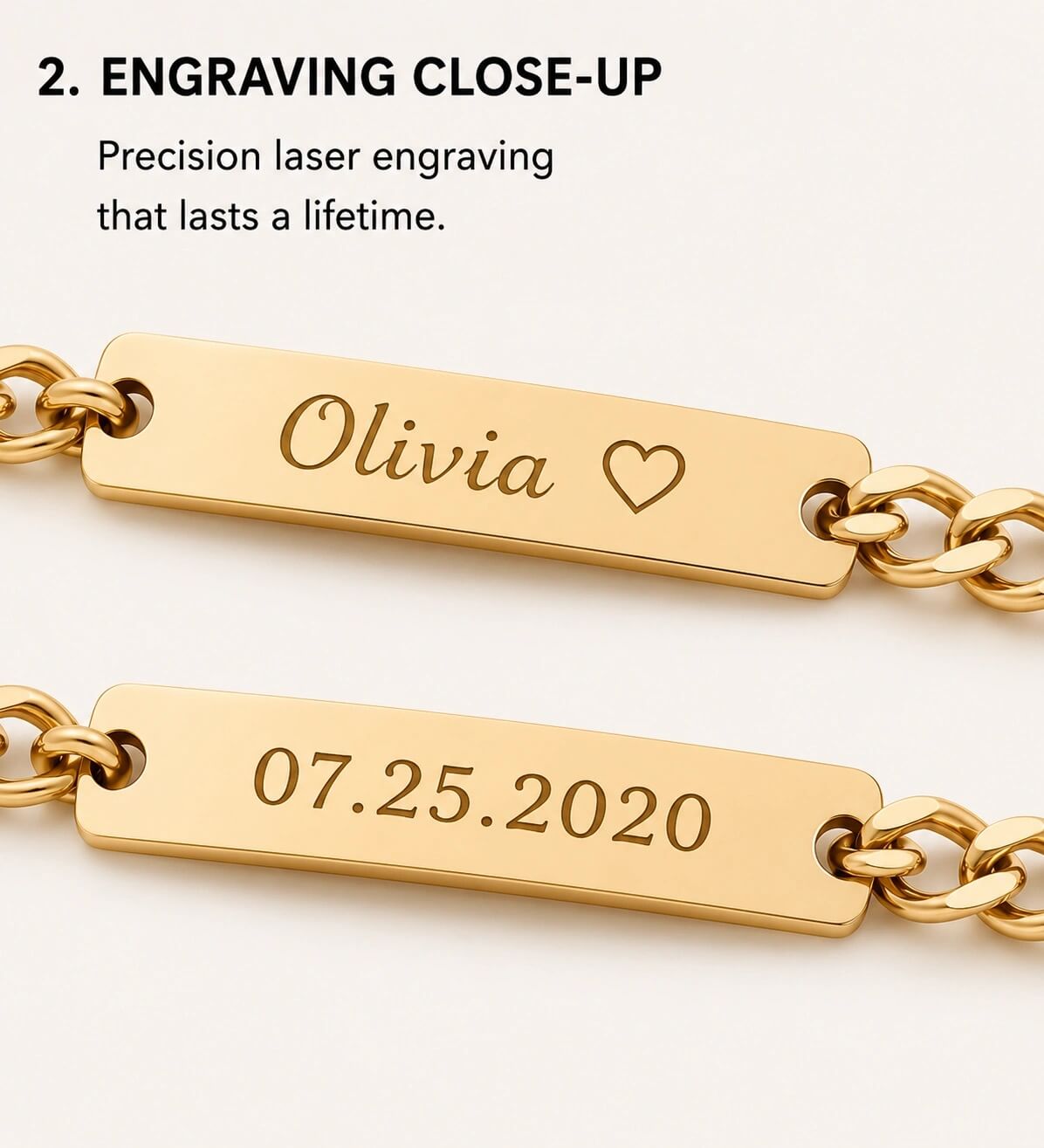 Gold bracelet with engraved name 'Olivia' and date '07.25.2020' on a white background.