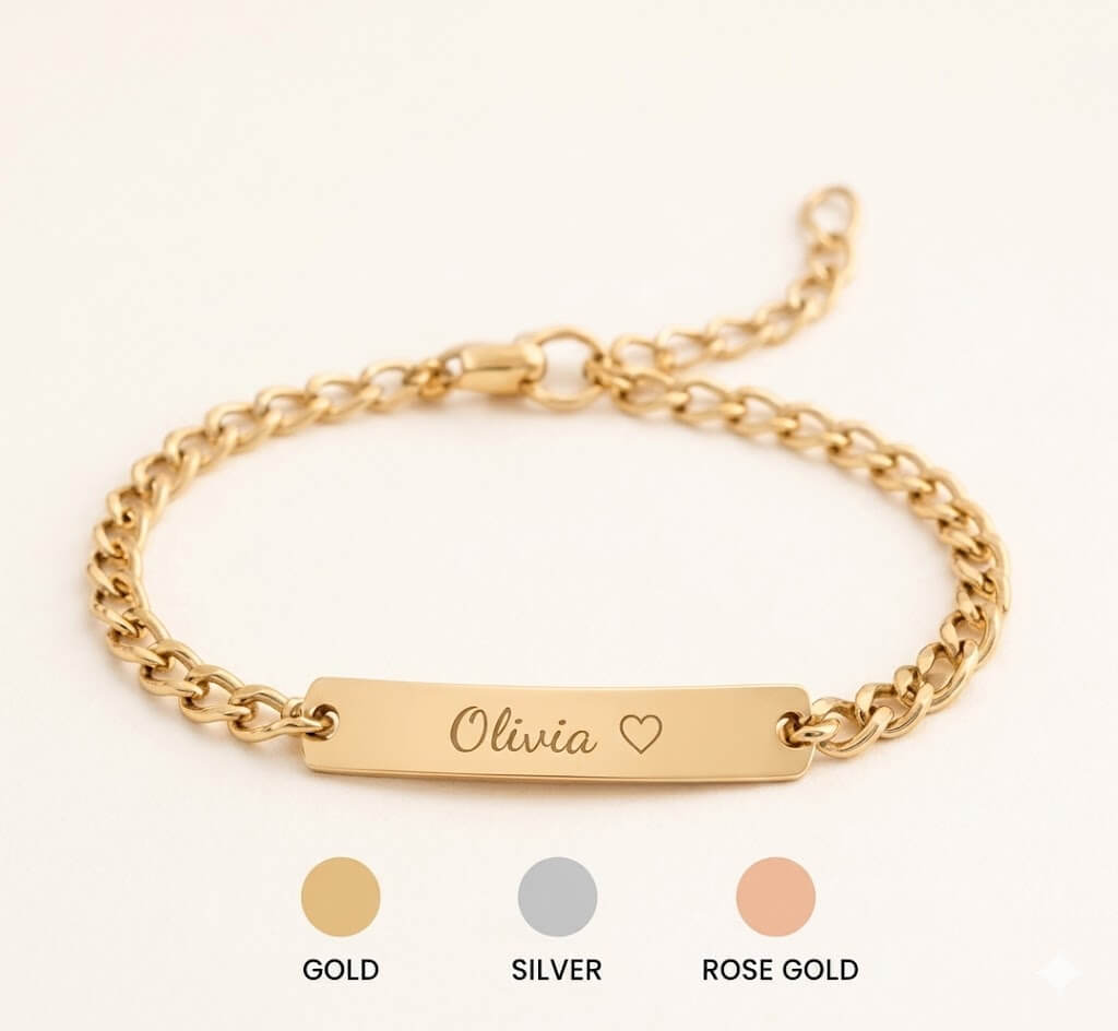 Gold bracelet with 'Olivia' engraving on a white background