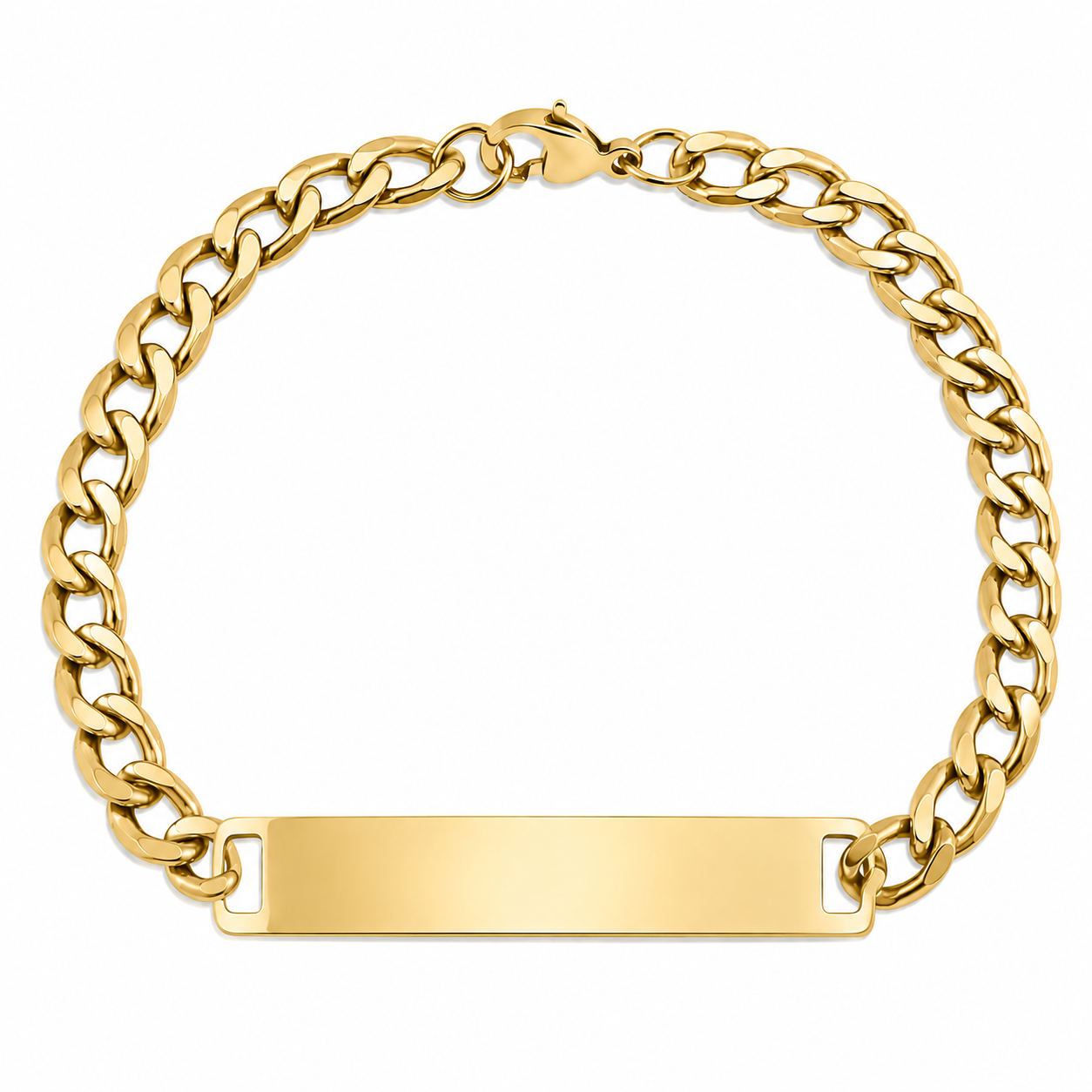 Gold chain bracelet with a flat tag on a white background