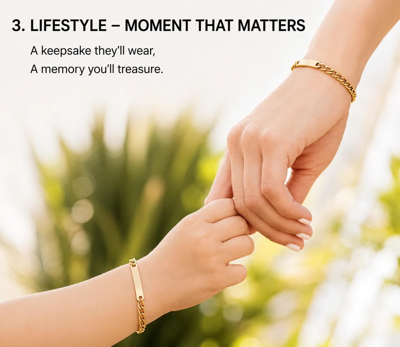 Two hands holding each other with gold bracelets, against a blurred natural background.