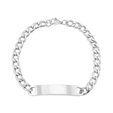 Silver chain bracelet with a flat tag on a white background